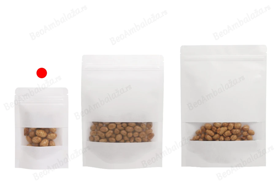 Kraft DoyPack  90x30x140mm kesice u beloj boji sa zip zatvaranjem, prozorom, ovalnim dnom i sa mogućnošću termo zatvaranja - 100kom-grupa_slika