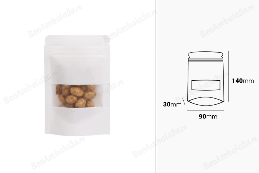 Kraft DoyPack  90x30x140mm kesice u beloj boji sa zip zatvaranjem, prozorom, ovalnim dnom i sa mogućnošću termo zatvaranja - 100kom-dimenzije_slike