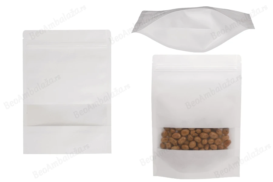 Kraft DoyPack kese 170x40x240 mm u beloj boji, sa zip zatvaranjem, prozorom i mogućnošću termo zatvaranja - 100 kom-slika_proizvoda