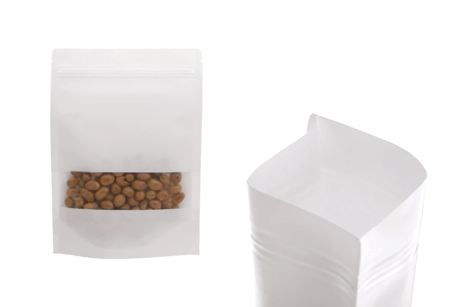 Kraft DoyPack  170x40x240mm kesice u beloj boji sa zip zatvaranjem, prozorom, ovalnim dnom i sa mogućnošću termo zatvaranja - 50kom