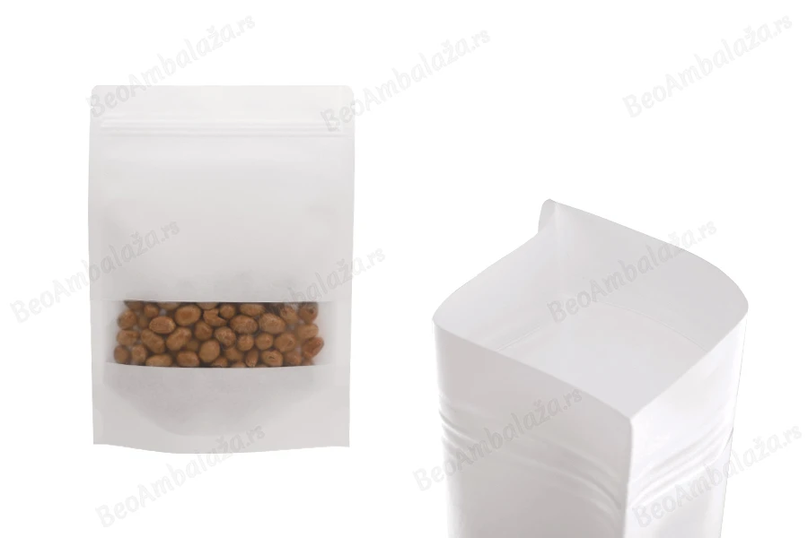 Kraft DoyPack kese 170x40x240 mm u beloj boji, sa zip zatvaranjem, prozorom i mogućnošću termo zatvaranja - 100 kom-grupa_slika