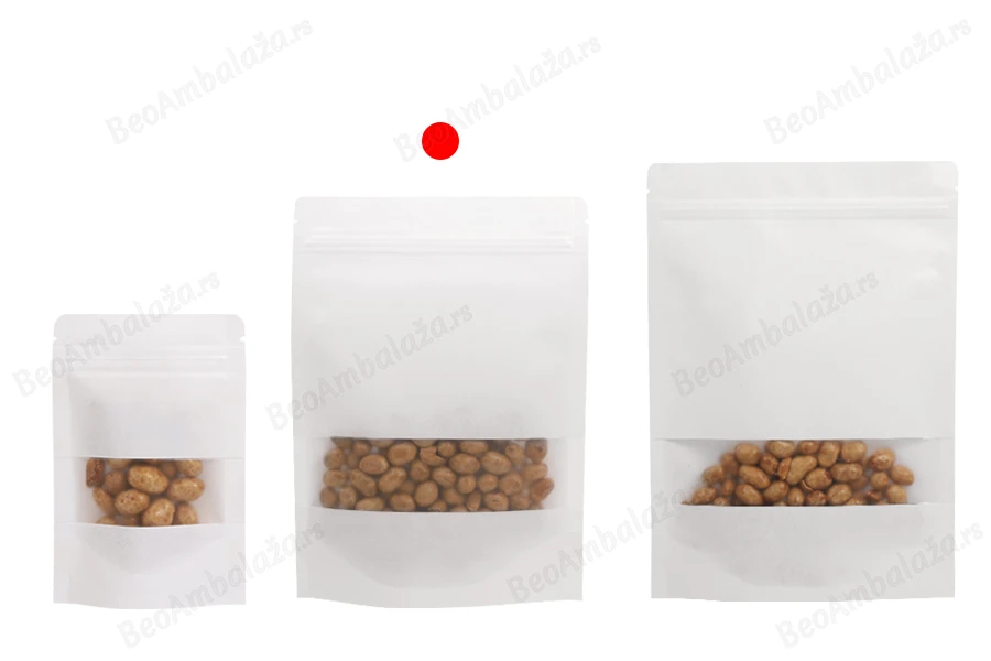 Kraft DoyPack kese 170x40x240 mm u beloj boji, sa zip zatvaranjem, prozorom i mogućnošću termo zatvaranja - 100 kom-grupa_slika