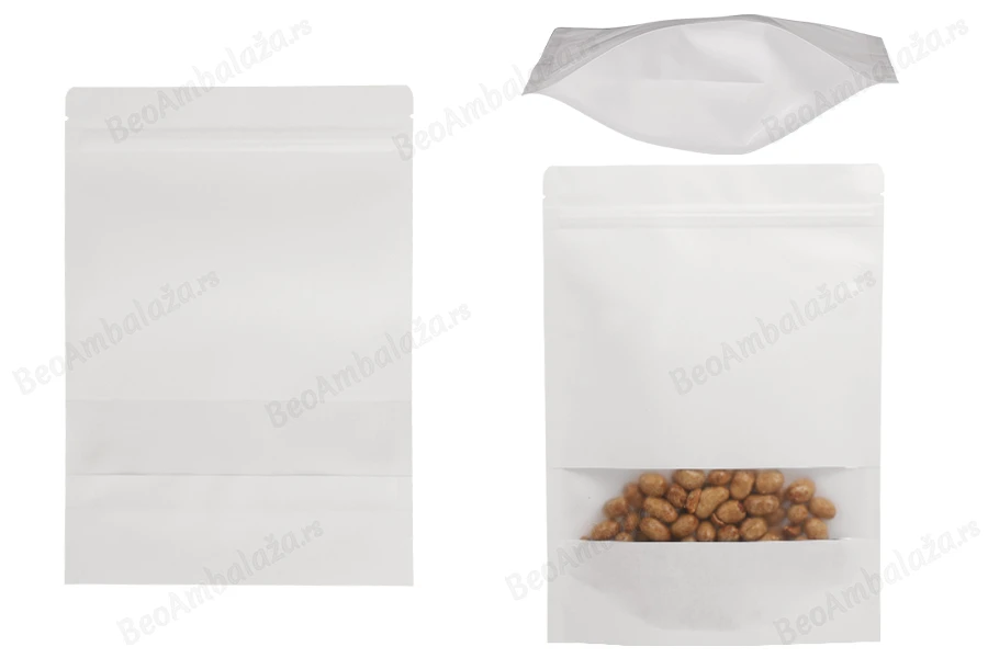 Kraft DoyPack kesice u beloj boji sa zip zatvaranjem  180x40x260mm , prozorom, ovalnim dnom i sa mogućnošću termo zatvaranja- 100kom-slika_proizvoda