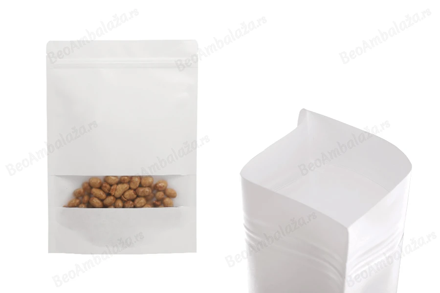 Kraft DoyPack kesice u beloj boji sa zip zatvaranjem  180x40x260mm , prozorom, ovalnim dnom i sa mogućnošću termo zatvaranja- 100kom-grupa_slika