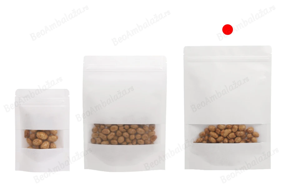 Kraft DoyPack kesice u beloj boji sa zip zatvaranjem  180x40x260mm , prozorom, ovalnim dnom i sa mogućnošću termo zatvaranja- 100kom-grupa_slika