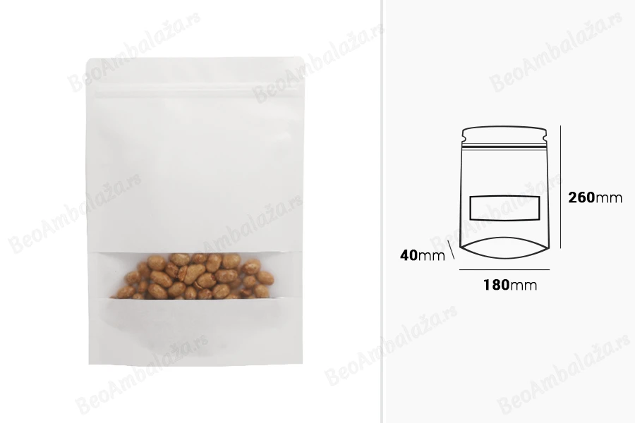 Kraft DoyPack kesice u beloj boji sa zip zatvaranjem  180x40x260mm , prozorom, ovalnim dnom i sa mogućnošću termo zatvaranja- 100kom-dimenzije_slike