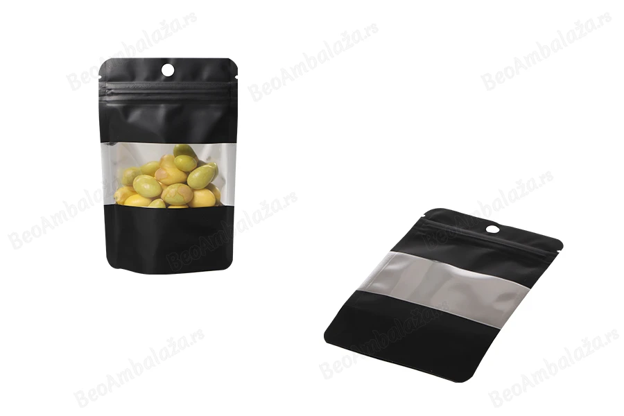 Crna aluminijumska DoyPack  90x30x140mm kesica sa zip zatvaranjem, prozorom, ovalnim dnom i sa mogućnošću termo lepljenja - 100kom-grupa_slika