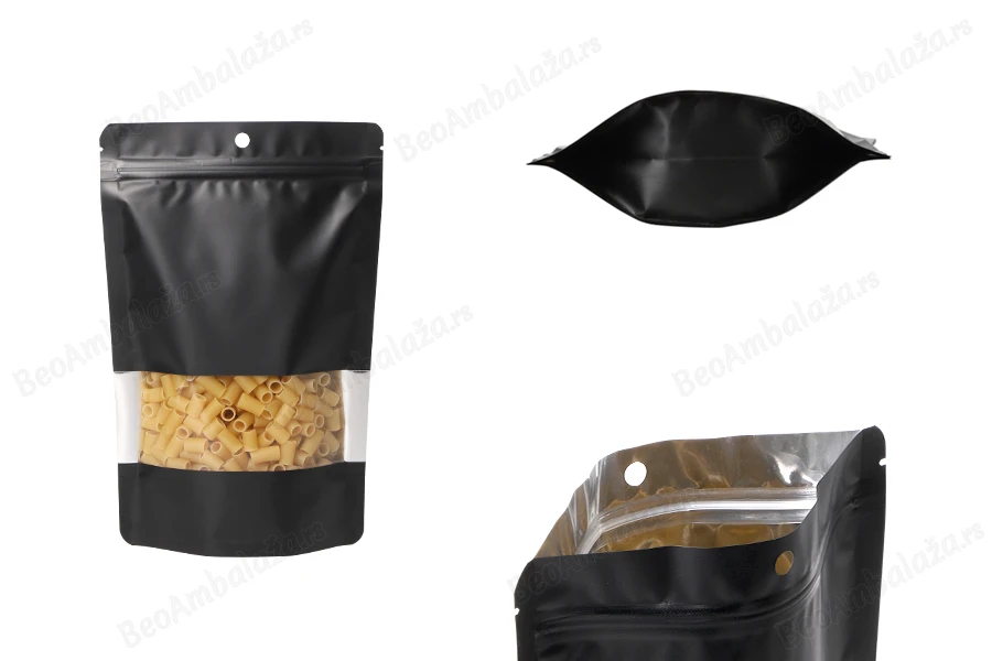 Crna aluminijumska DoyPack  kesica sa zip zatvaranjem 160x40x240mm, prozorom, ovalnim dnom i sa mogućnošću termo lepljenja - 100kom-slika_proizvoda