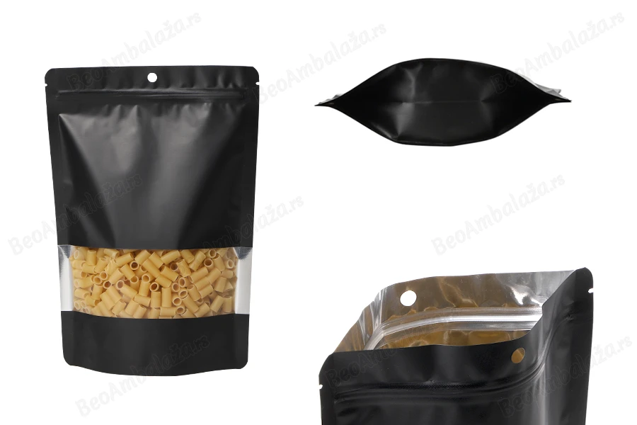 Crna aluminijumska DoyPack  180x40x260 mm kesica sa zip zatvaranjem, prozorom, ovalnim dnom i sa mogućnošću termo lepljenja - 100kom-slika_proizvoda