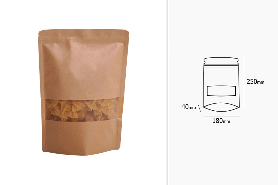 Kraft DoyPack kesice sa zip zatvaranjem i prozorom, unutrašnjom i spoljašnjom providnom oblogom, ovalnim dnom i sa mogućnošću termo zatvaranja 180x40x250 mm – 100 kom-dimenzije_slike