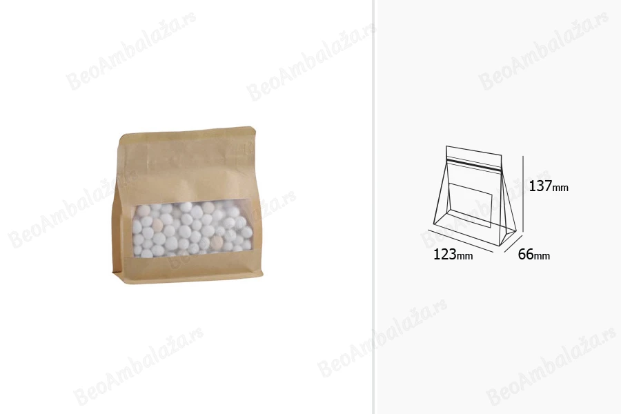 Kraft DoyPack 137x66x123mm - 50 kom vrećica na termo zatvaranje, sa prozorom, sigurnosnom tračicom i zipom, spoljnom i unutrašnjom providnom oblogom i četvrtastim dnom -grupa_slika