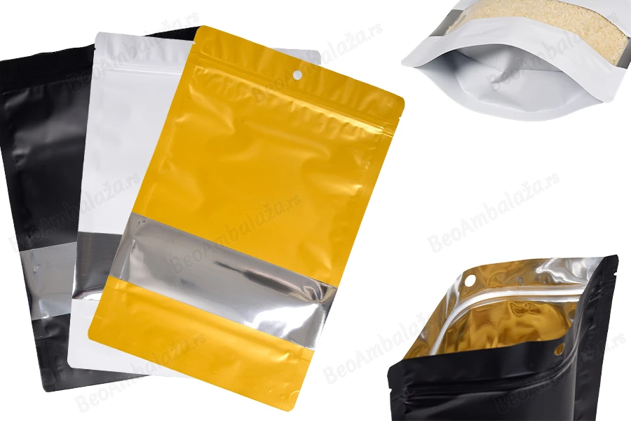 Aluminijumske DoyPack kesice sa zip zatvaranjem, prozorom, ovalnim dnom i sa mogućnošću termo lepljenja 200x50x300mm - 100kom-slika_proizvoda