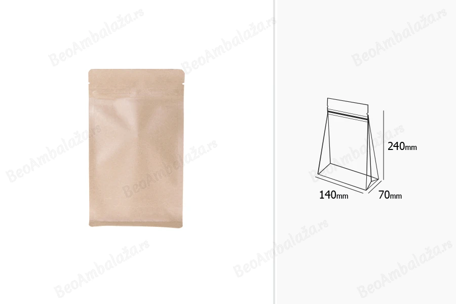 Kraft DoyPack kesice sa zip zatvaranjem 140x70x240 mm, unutrašnjom aluminijumskom oblogom, četvrtastim dnom i sa mogućnošću termo zatvaranja – 50 kom-dimenzije_slike