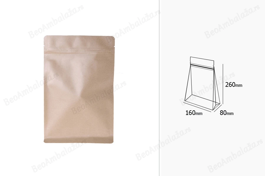 Kraft DoyPack kesice sa zip zatvaranjem  160x80x260 mm, unutrašnjom aluminijumskom oblogom, četvrtastim dnom i sa mogućnošću termo zatvaranja – 50kom-dimenzije_slike
