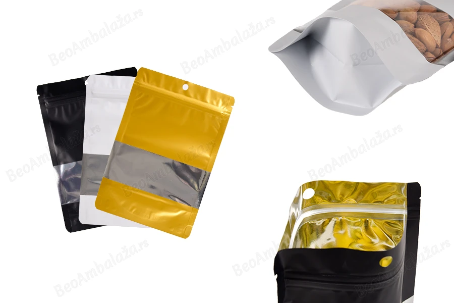 Aluminijumske DoyPack kesice sa zip zatvaranjem, prozorom, ovalnim dnom i sa mogućnošću termo lepljenja 140x40x200mm - 100kom-slika_proizvoda