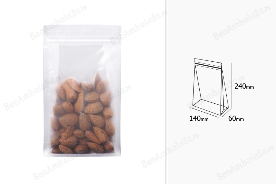 Providne DoyPack kesice sa zip zatvaranjem, četvrtastim dnom i sa mogućnošću termo zatvaranja 140x60x240mm - 50kom-dimenzije_slike