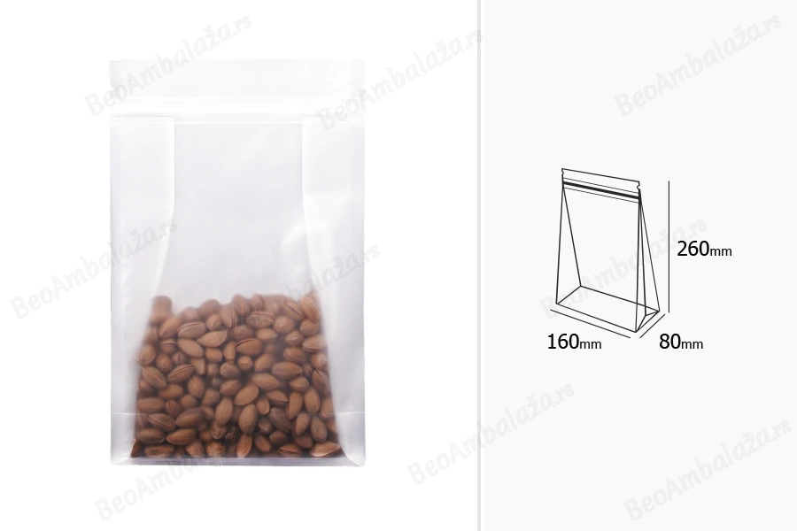 Providne DoyPack kesice sa zip zatvaranjem, četvrtastim dnom i sa mogućnošću termo zatvaranja 160x80x260mm - 50kom-dimenzije_slike