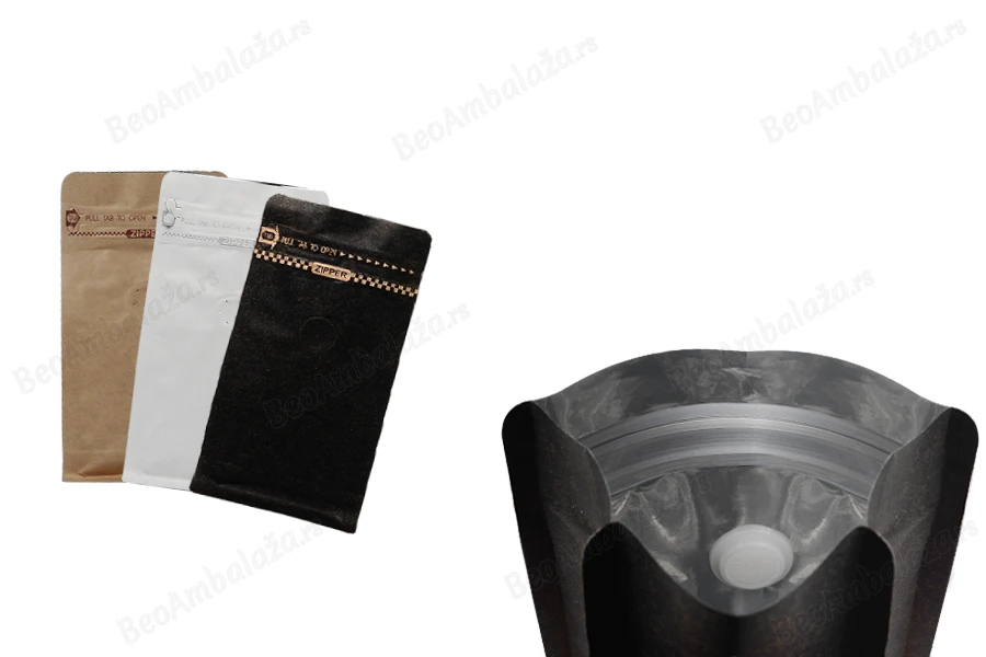 Aluminijumske DoyPack kesice 95x55x185 mm sa ventilom, kraft spoljnom oblogom, sigurnosnom tračicom i zipom, na termo zatvaranje, idealne za kafu - 25kom-slika_proizvoda