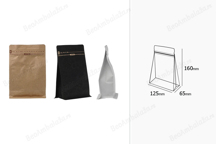 Aluminijumske DoyPack kesice 125x65x195 mm sa ventilom, kraft spoljnom oblogom, sigurnosnom tračicom i zipom, na termo zatvaranje, idealne za kafu - 25kom-dimenzije_slike