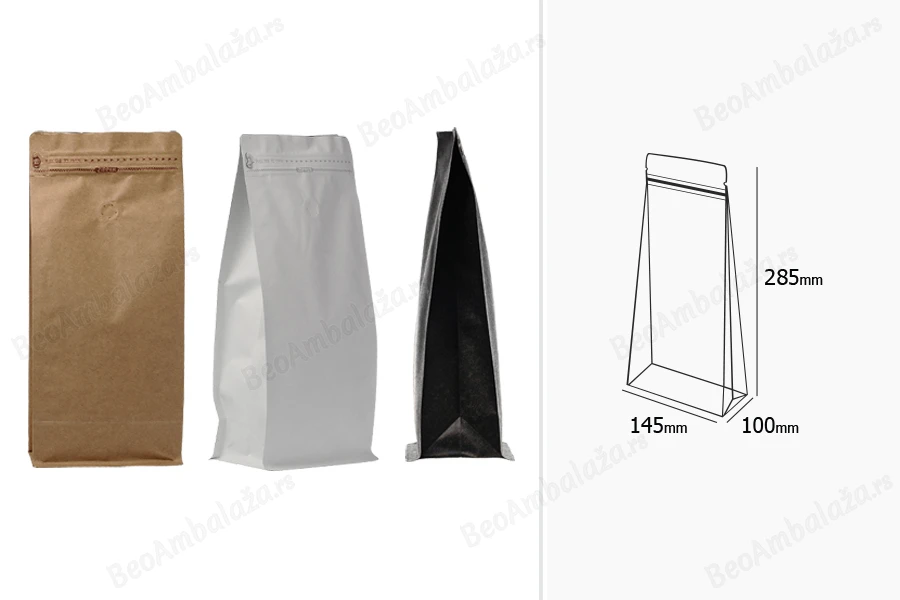 Aluminijumske DoyPack kesice 145x100x335 mm sa ventilom, kraft spoljnom oblogom, sigurnosnom tračicom i zipom, na termo zatvaranje, idealne za kafu - 25kom-dimenzije_slike