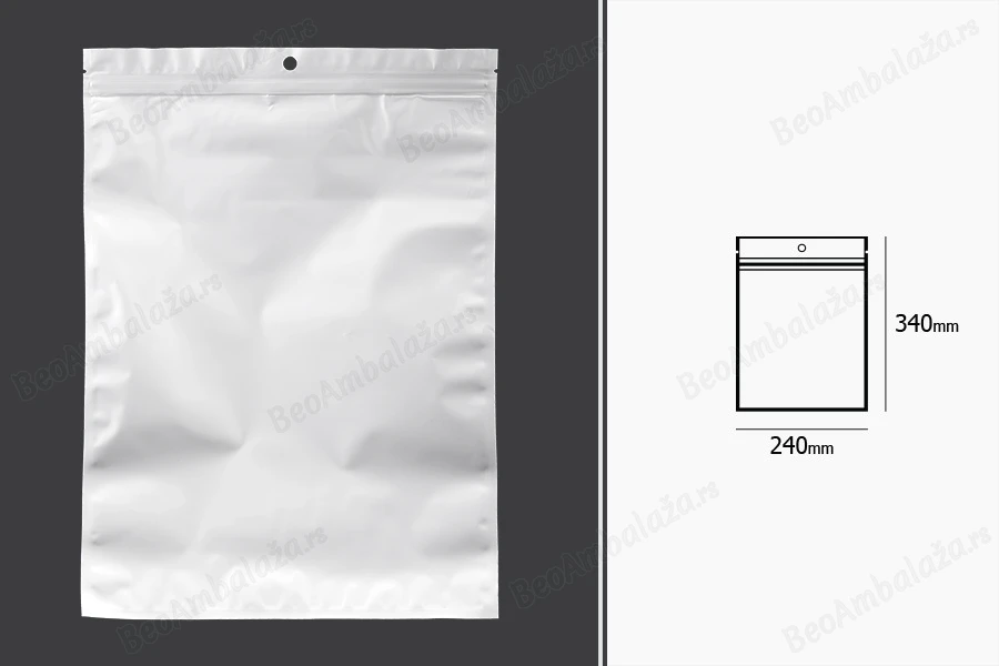 Plastične bele kesice sa zip zatvaranjem 240x340 mm, sa otvorom za kačenje i mogućnošću termo zatvaranja - 100 kom-dimenzije_slike