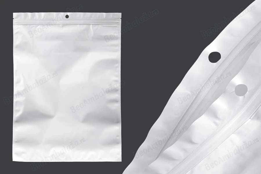 Plastične bele kesice sa zip zatvaranjem 240x340 mm, sa otvorom za kačenje i mogućnošću termo zatvaranja - 100 kom-slika_proizvoda
