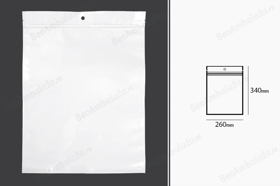 Plastična zip kesica 260x340mm sa belom zadnjom i providnom prednjom stranom i rupom za kačenje - 100 kom-dimenzije_slike