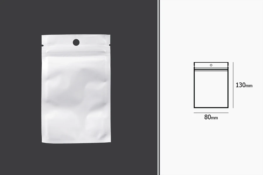 Plastične bele kesice sa zip zatvaranjem 80x130 mm, sa otvorom za kačenje i mogućnošću termo zatvaranja - 100 kom-dimenzije_slike