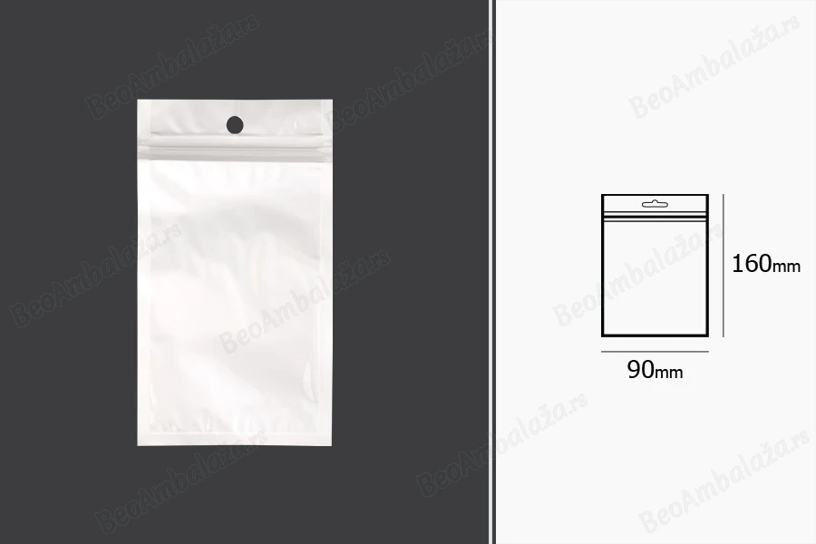 Plastična zip kesica 90x160mm sa belom zadnjom i providnom prednjom stranom, okruglom rupom za kačenje i mogućnost termo zatvaranja - 100 kom-dimenzije_slike