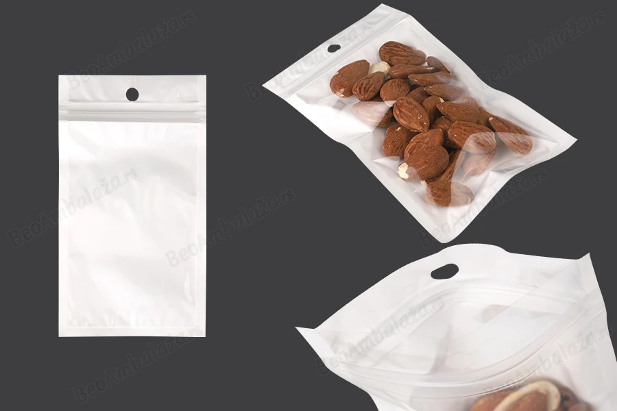 Plastična zip kesica 90x160mm sa belom zadnjom i providnom prednjom stranom, okruglom rupom za kačenje i mogućnost termo zatvaranja - 100 kom-slika_proizvoda