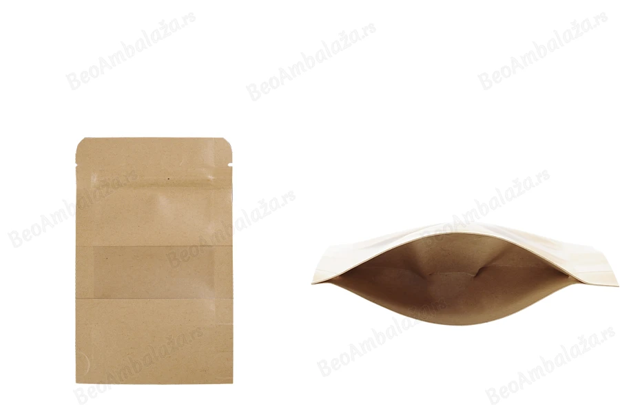 Kraft DoyPack  90x30x140mm kesice sa zip zatvaranjem i prozorom, unutrašnjom i spoljašnjom providnom oblogom, ovalnim dnom i sa mogućnošću termo zatvaranja  – 100kom-slika_proizvoda