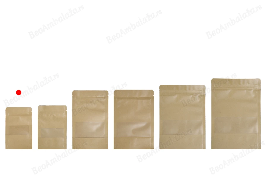 Kraft DoyPack  90x30x140mm kesice sa zip zatvaranjem i prozorom, unutrašnjom i spoljašnjom providnom oblogom, ovalnim dnom i sa mogućnošću termo zatvaranja  – 100kom-grupa_slika