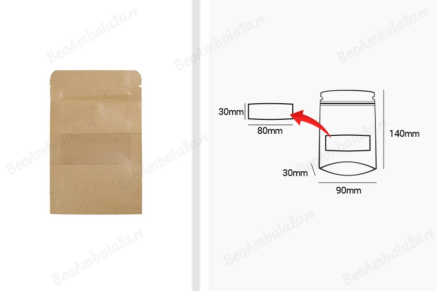 Kraft DoyPack  90x30x140mm kesice sa zip zatvaranjem i prozorom, unutrašnjom i spoljašnjom providnom oblogom, ovalnim dnom i sa mogućnošću termo zatvaranja  – 100kom-dimenzije_slike