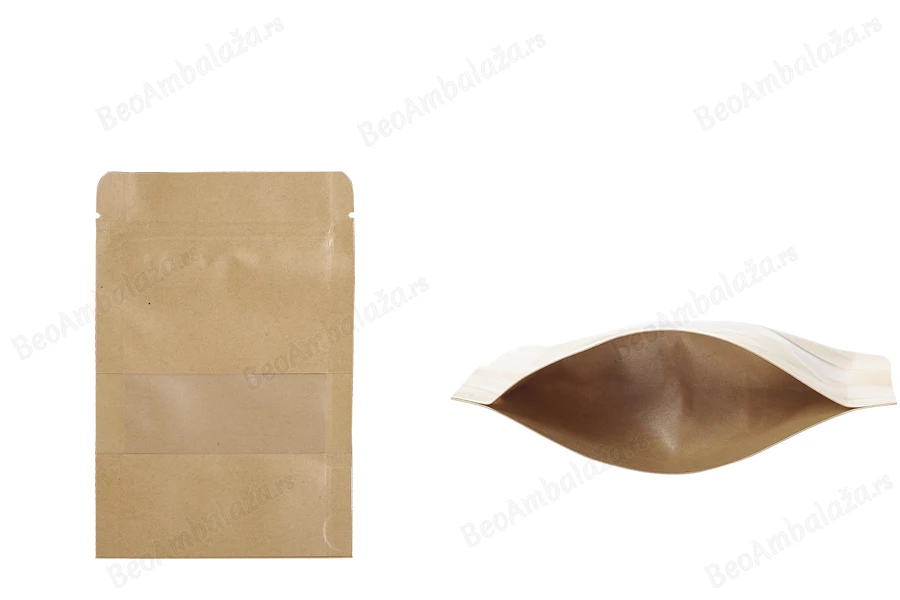 Kraft DoyPack  100x30x150mm  kesice sa zip zatvaranjem i prozorom, unutrašnjom i spoljašnjom providnom oblogom, ovalnim dnom i sa mogućnošću termo zatvaranja– 100kom-slika_proizvoda