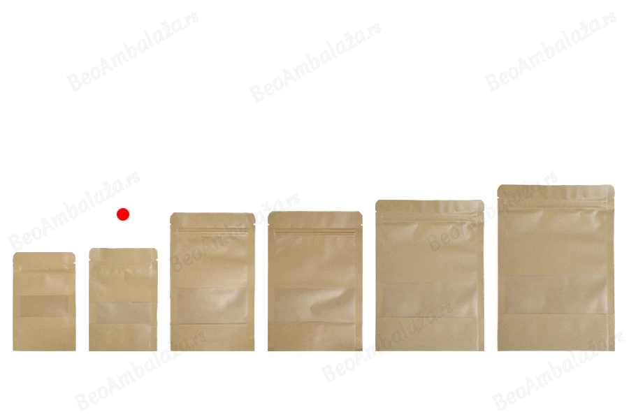 Kraft DoyPack  100x30x150mm  kesice sa zip zatvaranjem i prozorom, unutrašnjom i spoljašnjom providnom oblogom, ovalnim dnom i sa mogućnošću termo zatvaranja– 100kom-grupa_slika