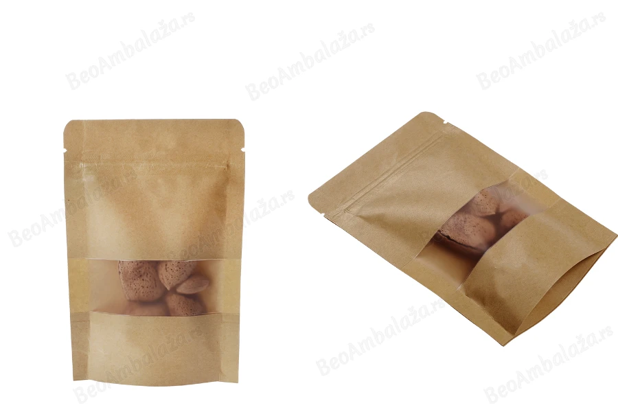 Kraft DoyPack  100x30x150mm  kesice sa zip zatvaranjem i prozorom, unutrašnjom i spoljašnjom providnom oblogom, ovalnim dnom i sa mogućnošću termo zatvaranja– 100kom-grupa_slika