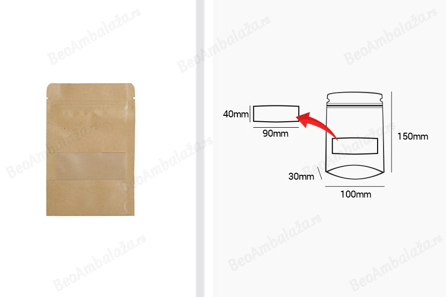 Kraft DoyPack  100x30x150mm  kesice sa zip zatvaranjem i prozorom, unutrašnjom i spoljašnjom providnom oblogom, ovalnim dnom i sa mogućnošću termo zatvaranja– 100kom-dimenzije_slike