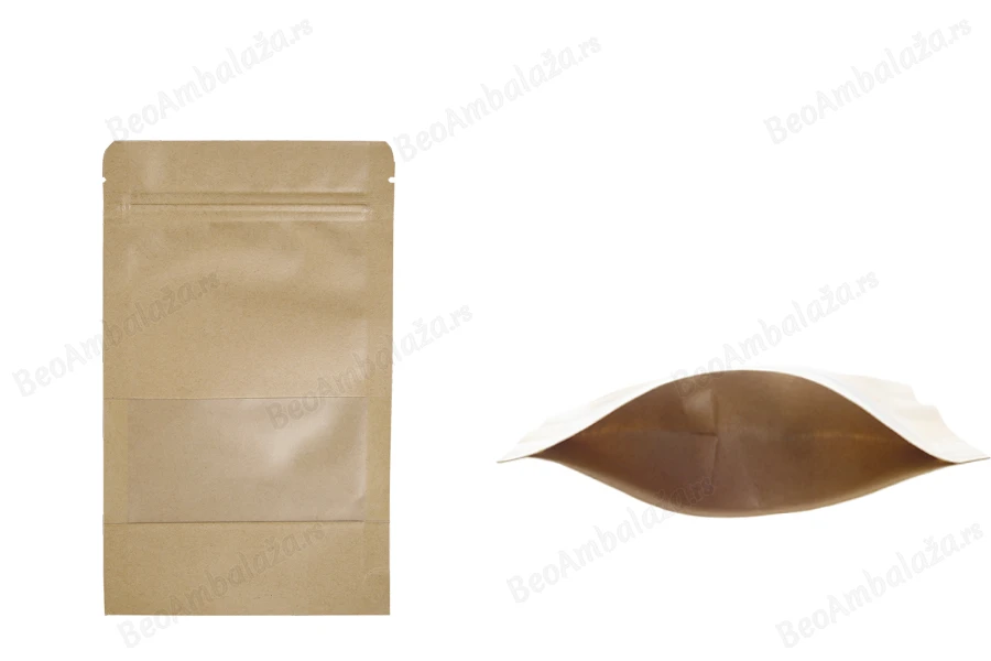 Kraft DoyPack kesice 120x40x200mm sa zip zatvaranjem i prozorom, unutrašnjom i spoljašnjom providnom oblogom, ovalnim dnom i sa mogućnošću termo zatvaranja – 100kom-slika_proizvoda