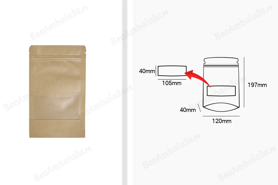 Kraft DoyPack kesice 120x40x200mm sa zip zatvaranjem i prozorom, unutrašnjom i spoljašnjom providnom oblogom, ovalnim dnom i sa mogućnošću termo zatvaranja – 100kom-dimenzije_slike