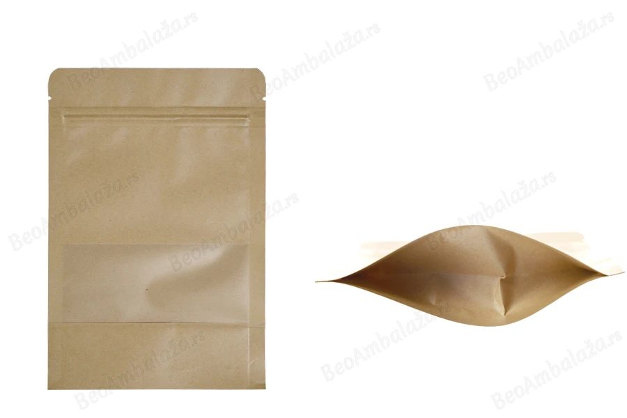 Kraft DoyPack kesice 140x40x200mm sa zip zatvaranjem i prozorom, unutrašnjom i spoljašnjom providnom oblogom, ovalnim dnom i sa mogućnošću termo zatvaranja – 100kom-slika_proizvoda