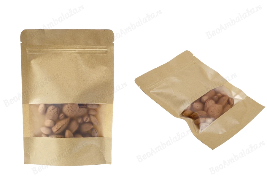 Kraft DoyPack kesice 140x40x200mm sa zip zatvaranjem i prozorom, unutrašnjom i spoljašnjom providnom oblogom, ovalnim dnom i sa mogućnošću termo zatvaranja – 100kom-grupa_slika