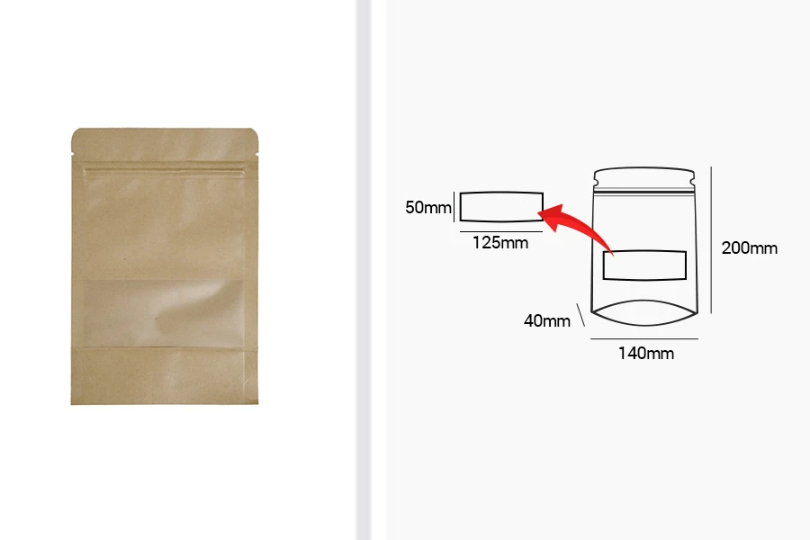 Kraft DoyPack kesice 140x40x200mm sa zip zatvaranjem i prozorom, unutrašnjom i spoljašnjom providnom oblogom, ovalnim dnom i sa mogućnošću termo zatvaranja – 100kom Kraft DoyPack kesice 140x40x200mm sa zip zatvaranjem i prozorom, unutrašnjom i spoljašnjom providnom oblogom, ovalnim dnom i sa mogućnošću termo zatvaranja – 100kom
