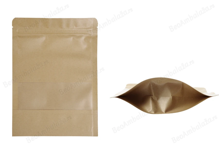 Kraft DoyPack kesice 160x40x220mm sa zip zatvaranjem i prozorom, unutrašnjom i spoljašnjom providnom oblogom, ovalnim dnom i sa mogućnošću termo zatvaranja – 100kom-slika_proizvoda