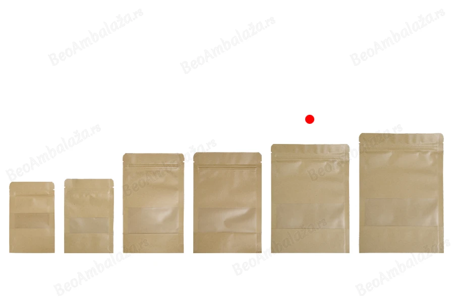 Kraft DoyPack kesice 160x40x220mm sa zip zatvaranjem i prozorom, unutrašnjom i spoljašnjom providnom oblogom, ovalnim dnom i sa mogućnošću termo zatvaranja – 100kom-grupa_slika
