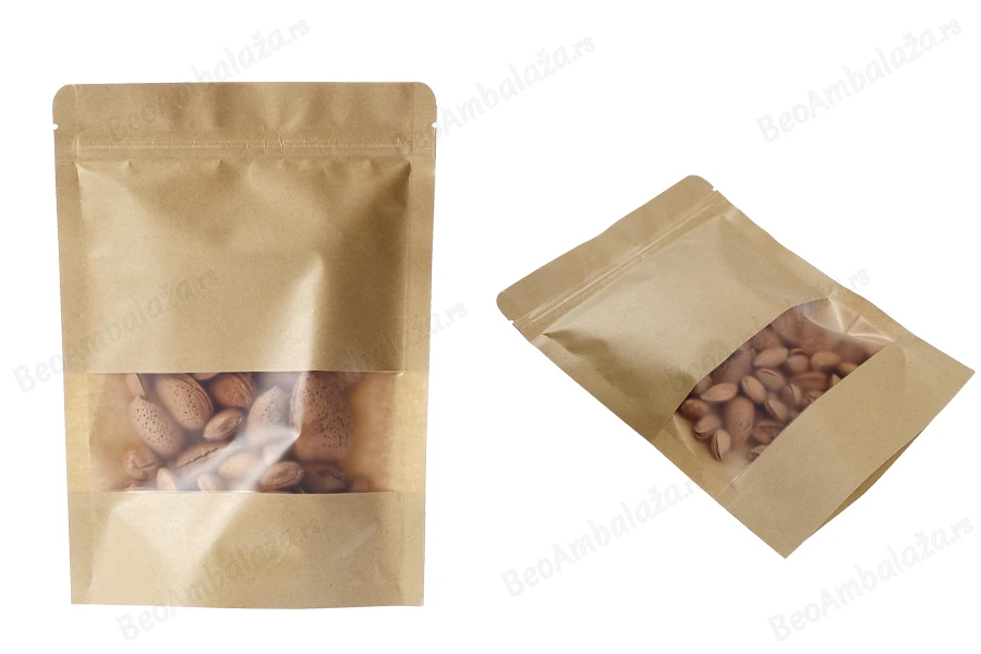 Kraft DoyPack kesice 160x40x220mm sa zip zatvaranjem i prozorom, unutrašnjom i spoljašnjom providnom oblogom, ovalnim dnom i sa mogućnošću termo zatvaranja – 100kom-grupa_slika