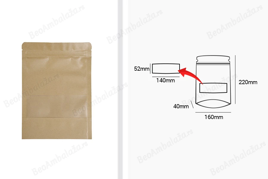 Kraft DoyPack kesice 160x40x220mm sa zip zatvaranjem i prozorom, unutrašnjom i spoljašnjom providnom oblogom, ovalnim dnom i sa mogućnošću termo zatvaranja – 100kom-dimenzije_slike