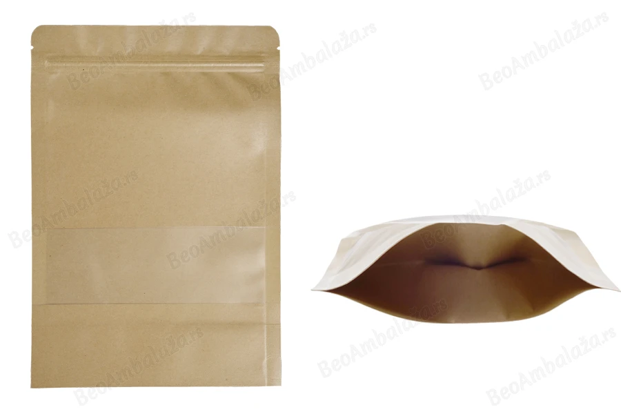 Kraft DoyPack kesice 170x40x240mm sa zip zatvaranjem i prozorom, unutrašnjom i spoljašnjom providnom oblogom, ovalnim dnom i sa mogućnošću termo zatvaranja – 100kom-slika_proizvoda