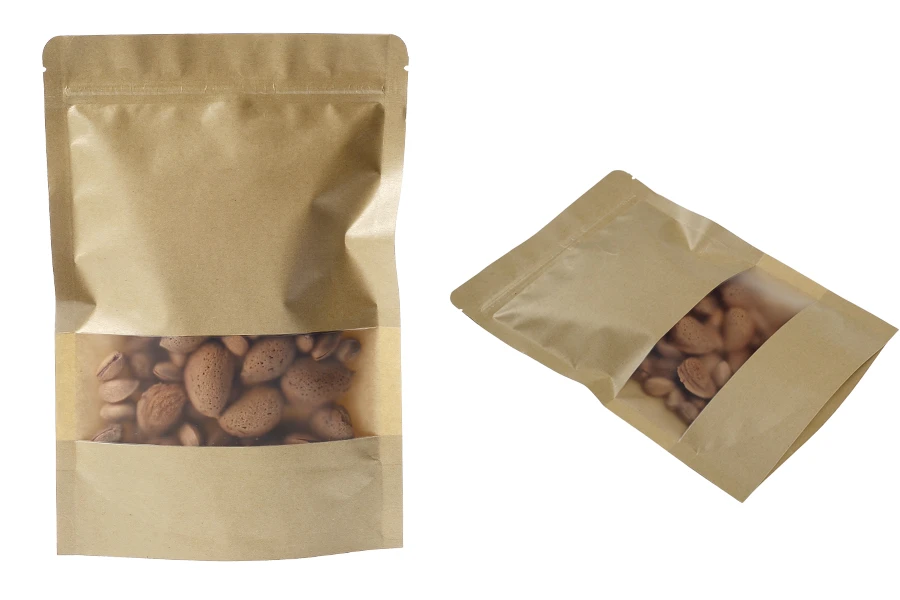 Kraft DoyPack kesice 170x40x240mm sa zip zatvaranjem i prozorom, unutrašnjom i spoljašnjom providnom oblogom, ovalnim dnom i sa mogućnošću termo zatvaranja – 100kom