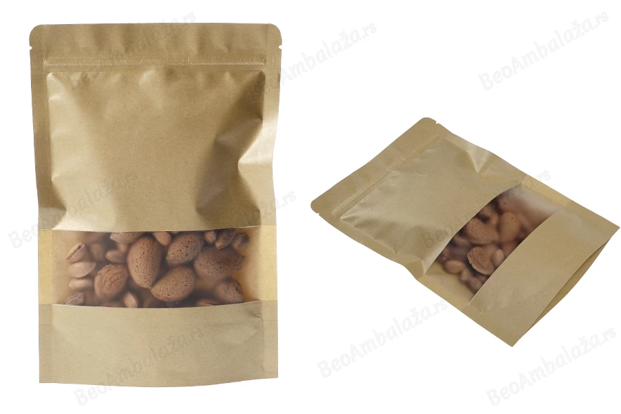 Kraft DoyPack kesice 170x40x240mm sa zip zatvaranjem i prozorom, unutrašnjom i spoljašnjom providnom oblogom, ovalnim dnom i sa mogućnošću termo zatvaranja – 100kom-grupa_slika