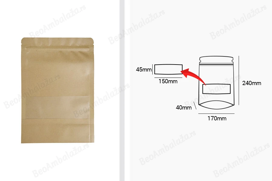Kraft DoyPack kesice 170x40x240mm sa zip zatvaranjem i prozorom, unutrašnjom i spoljašnjom providnom oblogom, ovalnim dnom i sa mogućnošću termo zatvaranja – 100kom-dimenzije_slike